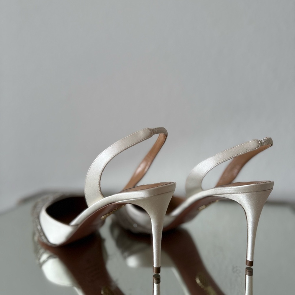 Worn once AQUAZZURA Gatsby 75 crystal-embellished satin slingback pumps - Picture 10 of 16